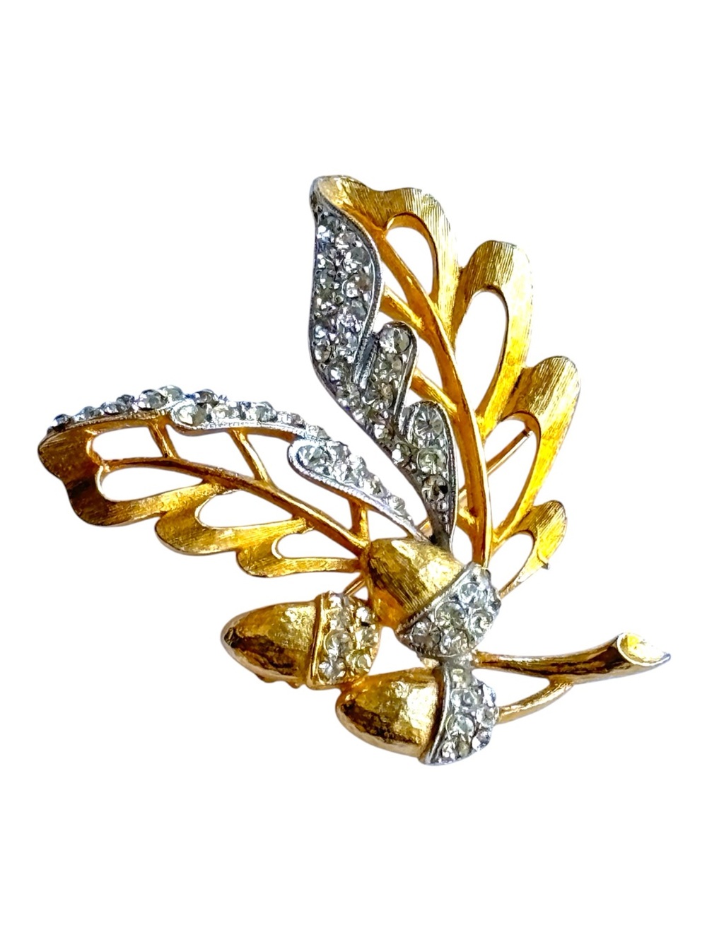 Marvella Signed Vintage Leaf Acorn Brooch Gold Tone Glass Rhinestones 2” 50s 60s